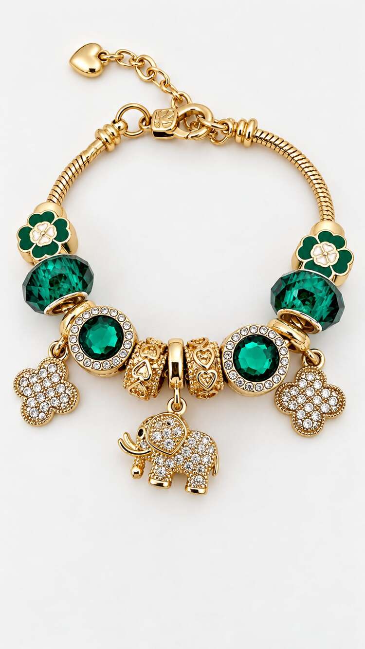 Charm Bracelet With Green Crystal Beads and Elephant Charm